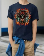 Skull Tiger Fire Fury Gothic T-Shirt - model wearing Navy T-shirt, hands in pockets, denim shirt at waist