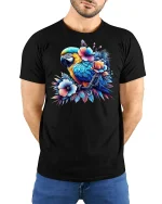 Tropical Parrot Floral Art T-Shirt - model with hands behind back, wearing Black T-shirt and blue jeans