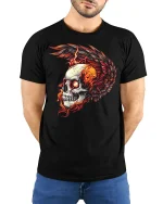 Flaming Skull Winged Fire Gothic T-Shirt - model with hands behind back, wearing Black T-shirt and blue jeans