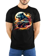 Wolf Power Off-Road Truck Fire Ride T-Shirt - model with hands behind back, wearing Black T-shirt and blue jeans