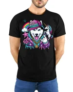 Husky Unicorn Rainbow Hip Hop T-Shirt - model with hands behind back, wearing Black T-shirt and blue jeans