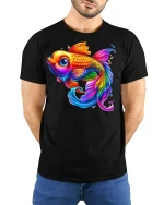 Vibrant Rainbow Goldfish T-Shirt - model with hands behind back, wearing Black T-shirt and blue jeans
