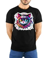 Neon Ninja Cat Warrior T-Shirt - model with hands behind back, wearing Black T-shirt and blue jeans
