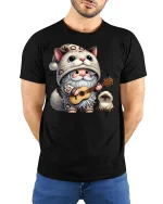 Cute Cat Gnome Guitar T-Shirt - model with hands behind back, wearing Black T-shirt and blue jeans