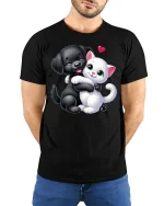 Cute Puppy and Kitten Hug T-Shirt - model with hands behind back, wearing Black T-shirt and blue jeans