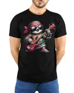 Rock Sloth Guitarist Funny Cartoon T-Shirt - model with hands behind back, wearing Black T-shirt and blue jeans