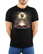 Skeleton Sacred Book Radiant T-Shirt - model with hands behind back, wearing Black T-shirt and blue jeans