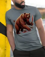 Savage Bear Warrior Blood Blade T-Shirt - model leaning on yellow-black pole, wearing Gray T-shirt, hand in pocket