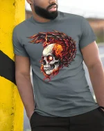 Flaming Skull Winged Fire Gothic T-Shirt - model leaning on yellow-black pole, wearing Gray T-shirt, hand in pocket