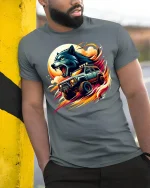Wolf Power Off-Road Truck Fire Ride T-Shirt - model leaning on yellow-black pole, wearing Gray T-shirt, hand in pocket