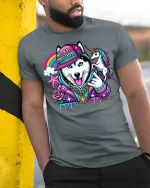 Husky Unicorn Rainbow Hip Hop T-Shirt - model leaning on yellow-black pole, wearing Gray T-shirt, hand in pocket