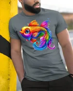 Vibrant Rainbow Goldfish T-Shirt - model leaning on yellow-black pole, wearing Gray T-shirt, hand in pocket