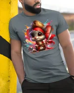 Cute Pirate Mouse Adventure T-Shirt - model leaning on yellow-black pole, wearing Gray T-shirt, hand in pocket