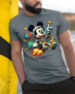 Cosmic Mouse Astronaut Adventure T-Shirt - model leaning on yellow-black pole, wearing Gray T-shirt, hand in pocket