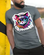 Neon Ninja Cat Warrior T-Shirt - model leaning on yellow-black pole, wearing Gray T-shirt, hand in pocket