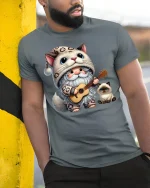 Cute Cat Gnome Guitar T-Shirt - model leaning on yellow-black pole, wearing Gray T-shirt, hand in pocket