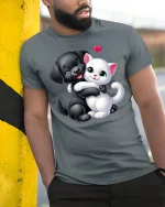 Cute Puppy and Kitten Hug T-Shirt - model leaning on yellow-black pole, wearing Gray T-shirt, hand in pocket