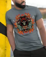 Skull Tiger Fire Fury Gothic T-Shirt - model leaning on yellow-black pole, wearing Gray T-shirt, hand in pocket