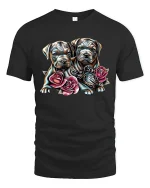 Cute Puppy Duo with Roses Adorable Love T-Shirt - black t-shirt on white background