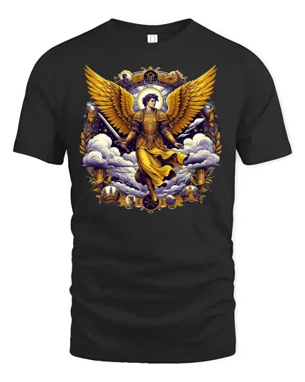 Golden Archangel Warrior Heaven Guardian T-Shirt - black t-shirt on white background