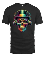 Colorful DJ Skull with Headphones Music Art T-Shirt - black t-shirt on white background