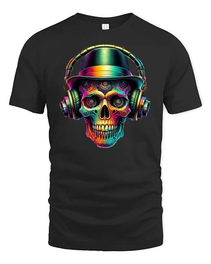 Colorful DJ Skull with Headphones Music Art T-Shirt - black t-shirt on white background