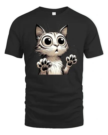 Funny Big Eyes Cat Surprised Expression Art T-Shirt - black t-shirt on white background