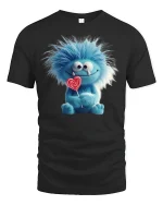 Cute Blue Furry Monster with Lollipop Funny T-Shirt - black t-shirt on white background