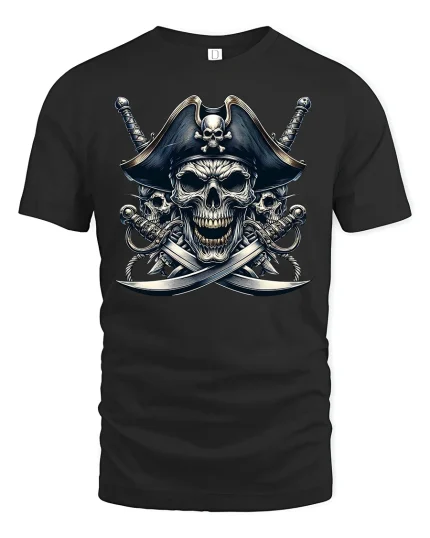 Fearless Pirate Skull Crossed Swords Graphic T-Shirt - black t-shirt on white background