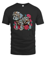 Shiny Bulldog with Roses Art Design Dog Lover T-Shirt - black t-shirt on white background