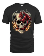 Fiery Red Dragon Skull Flame Power Art T-Shirt - black t-shirt on white background