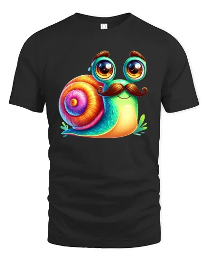 Funny Mustache Snail Colorful Cute Cartoon T-Shirt - black t-shirt on white background