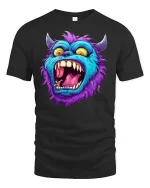 Crazy Blue Monster Face Funny Cartoon Art T-Shirt - black t-shirt on white background