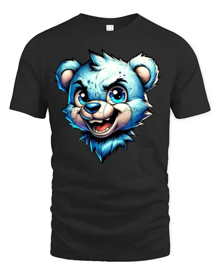 Cool Blue Bear Cartoon Face Fun Graphic T-Shirt - black t-shirt on white background