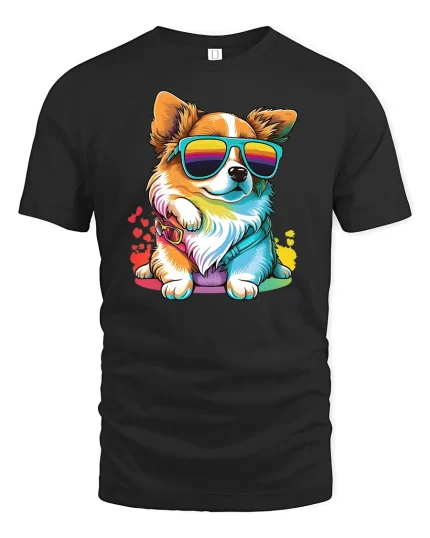 Cool Corgi With Rainbow Shades Funny Dog T-Shirt - black t-shirt on white background