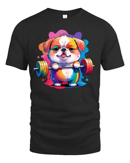 Funny Bulldog Weightlifting Colorful Gym T-Shirt - black t-shirt on white background