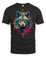 Tribal Wolf Spirit Bold Color Art Graphic T-Shirt - black t-shirt on white background