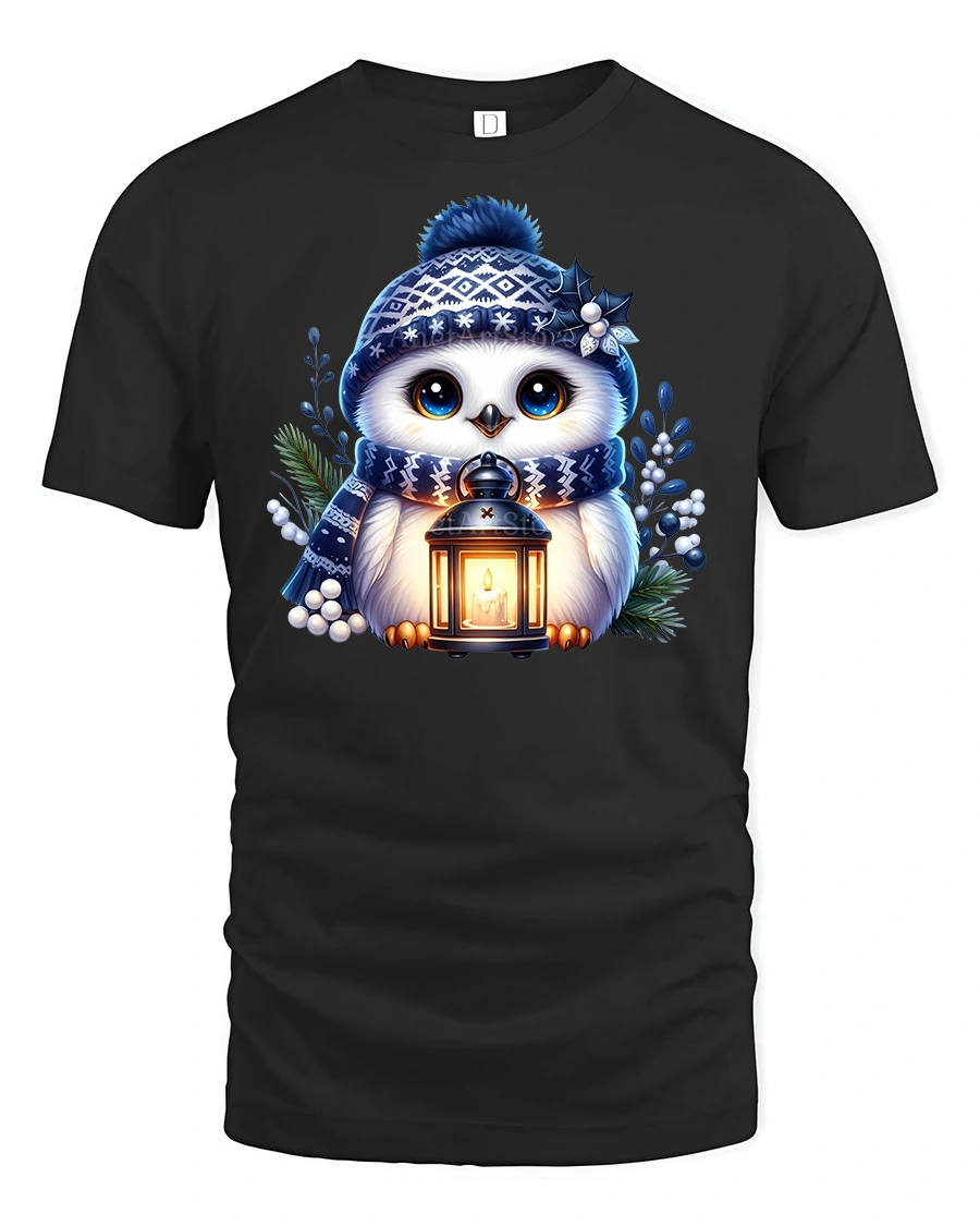 Cute Winter Owl with Lantern Cozy Holiday T-Shirt - 1 Cute Winter Owl with Lantern Cozy Holiday T-Shirt - black t-shirt on white background