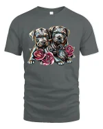 Cute Puppy Duo with Roses Adorable Love T-Shirt - gray t-shirt on white background