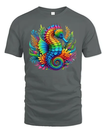 Vibrant Seahorse Ocean Art Colorful Graphic T-Shirt - gray t-shirt on white background