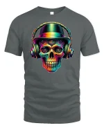 Colorful DJ Skull with Headphones Music Art T-Shirt - gray t-shirt on white background