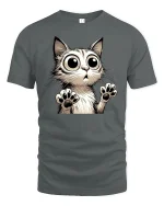 Funny Big Eyes Cat Surprised Expression Art T-Shirt - gray t-shirt on white background