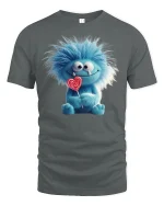 Cute Blue Furry Monster with Lollipop Funny T-Shirt - gray t-shirt on white background