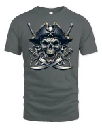 Fearless Pirate Skull Crossed Swords Graphic T-Shirt - gray t-shirt on white background