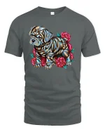 Shiny Bulldog with Roses Art Design Dog Lover T-Shirt - gray t-shirt on white background