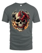 Fiery Red Dragon Skull Flame Power Art T-Shirt - gray t-shirt on white background
