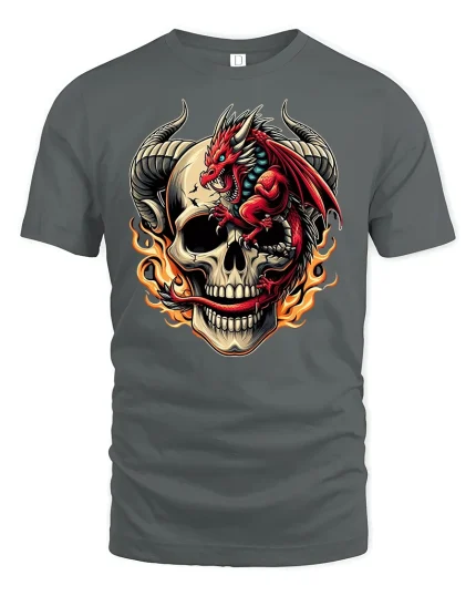 Fiery Red Dragon Skull Flame Power Art T-Shirt - gray t-shirt on white background