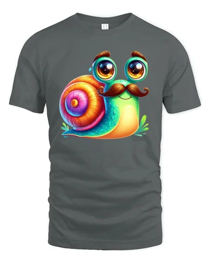 Funny Mustache Snail Colorful Cute Cartoon T-Shirt - gray t-shirt on white background