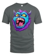 Crazy Blue Monster Face Funny Cartoon Art T-Shirt - gray t-shirt on white background