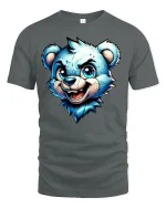 Cool Blue Bear Cartoon Face Fun Graphic T-Shirt - gray t-shirt on white background